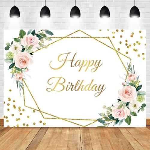 Laeacco Happy Birthday Flowers Plant Gold Line Polka Dots Backdrop Customized Poster Photographic Background For Photo Studio
