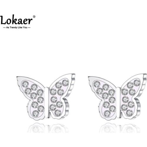 Lokaer Trendy Titanium Stainless Steel Rhinestone Earrings CZ Crystal Butterfly Earrings For Women Girls Серьги Kolczyki E21019