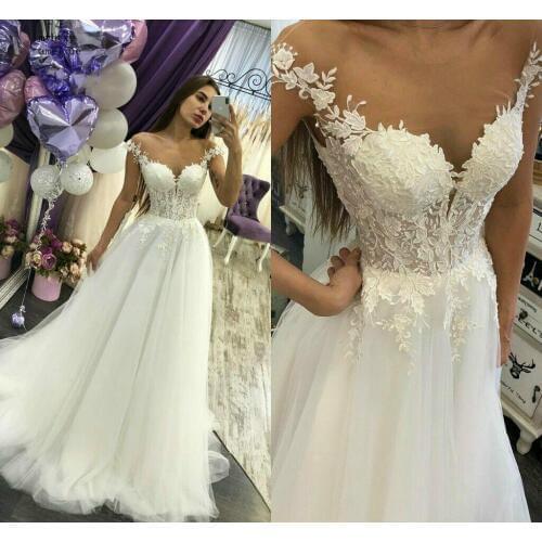 Fashion Boho Wedding Dress 2020 Appliques Petite Wedding Dresses Tulle Sheer Neck Bohemian Wedding Gowns Zipper Back Plus Size