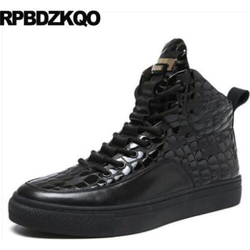 Mens Black Patent Leather Boots Real Shoes Winter High Top Crocodile Sneakers Ankle Trainer Full Grain Fur Zipper Runway Booties
