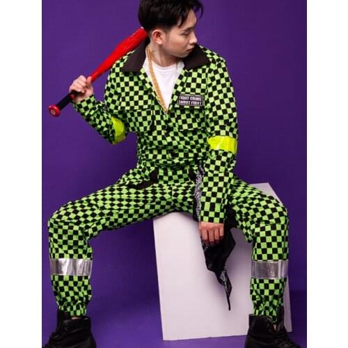 Men Hip-Hop Overalls Plaid Jumpsuit Jazz Dance Clothes Male Hip Hop Costume Streetwear Nightclub Bar Performance Clothing XS2157