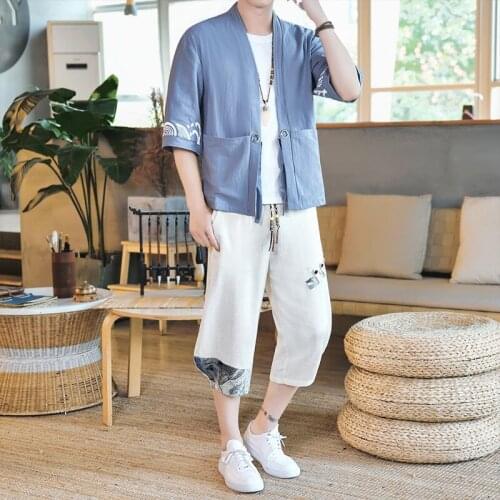 Plus Size 5Xl Chinese Style Vintage Tracksuit Men Half Sleeve Top Cropped Pants 2 Piece Sets Loose Fit Summer Man Clothing 30824