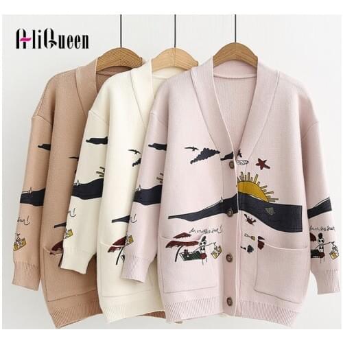 Autumn Cardigan Sweater Women Winter Loose Cute Print Joker Long Sleeve Coat Female Knitted Oversize Jacket Sweaters Korean Tops