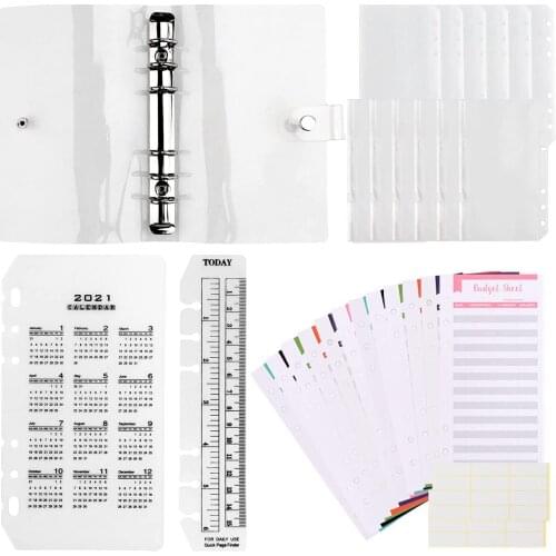 A6 Budget Binder Notebook Refillable with 12 Clear PVC Loose Leaf Zipper Envelope Pockets,12 Budget Cards with 24 Label Stickers