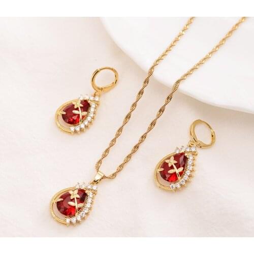 Luxurious Inlay red CZ Crystal diamond Earrings pendant necklace 18k Fine Solid Yellow Gold Jewelry Sets Filled party gifts Wome
