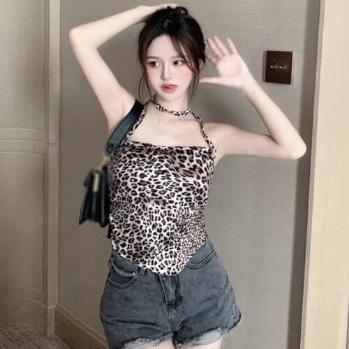 Sexy Short Camisole Crop Tops Women Leopard Halter Knitted Tank Tops Stitching Slim Vest