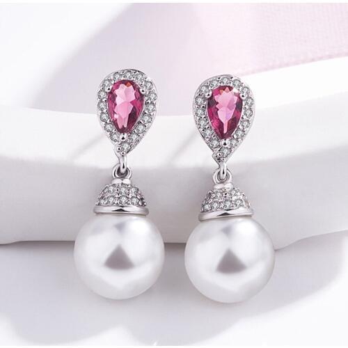 Pearl Ruby red crystal drop earrings for women white gold color blue aquamarine pink zircon diamond luxury party fine jewelry