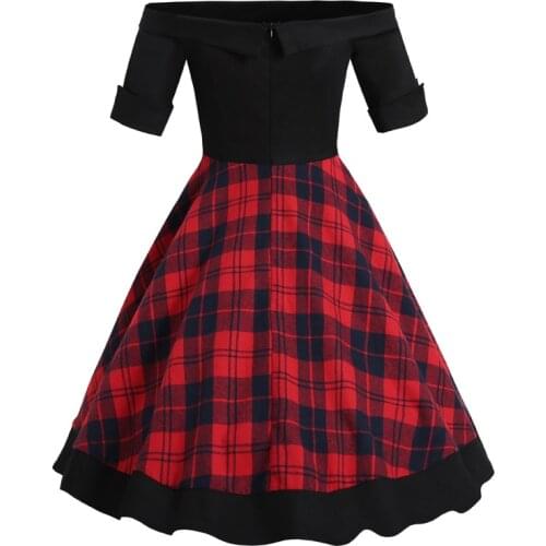 SISHION 2021 New Short Sleeve Slash Neck Dress VD1625 Red Plaid Sexy A Line 50 Vintage Retro Hepburn Dress
