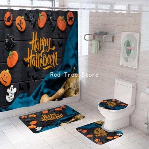 Stylish Festival Halloween Shower Curtain Set Waterproof Fabric Bath Screen for Bathroom Door Mat Rugs Floor Carpet Home Decor
