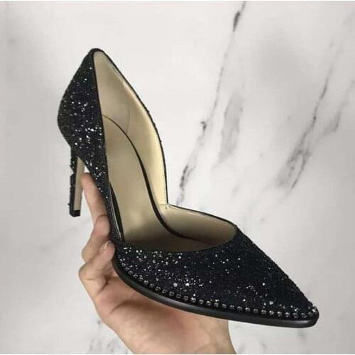 Chic Ladies Side Cut Crystal Sole High Heel Sexy Black Sequins Pointed Toe Wedding Pumps Thin Heels Banquet Party Single Shoes