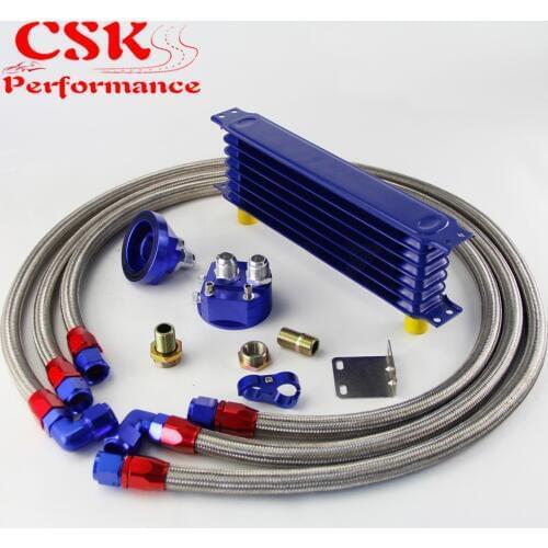 7 Row 262mm AN10 Universal Engine Transmission Oil Cooler Trust Type + Filter Adapter Kit Silver/Blue/Black