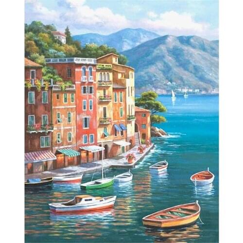 Landscape Seaside Town Pre-Printed 11CT Cross-Stitch DIY Embroidery Kit DMC Threads Sewing Painting Craft Handmade Needle