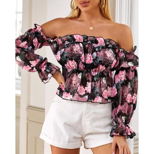 Spring Women Floral Print Off Shoulder Ruffles Blouse 2021 New Femme Casual Long Sleeve Pink Top Office Ladies Outfits Tunic
