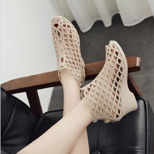 Summer New Sexy Women PVC High-top Hollow Shallow Peep Toe Wedges Beach Sandals Ladies Cut Out Jelly Shoes Boots 20200331
