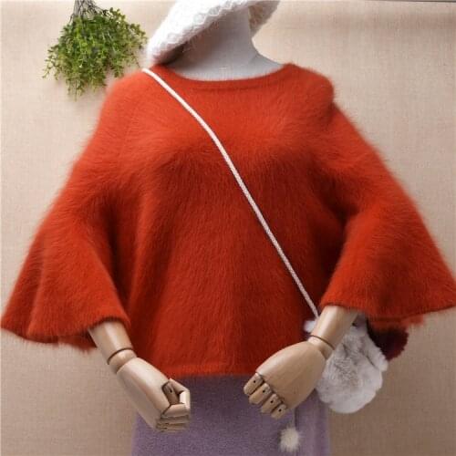 Ladies women fashion hairy fuzzy mink cashmere knitted halfy flare sleeves loose pullover angora rabbit hair jumper sweater pull