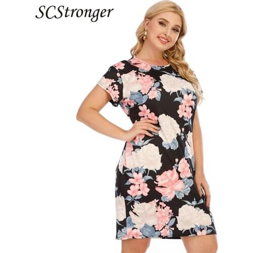 SCSTRONGER Summer Lady Plus Size Dress Polyester Plant Printing Short Sleeved Slim Fashion Temperament Commuting Летнее Платьеe
