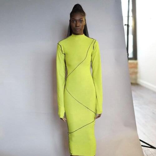 Womens autumn 2021 new fashion casual sexy solid color line half high neck long sleeve skirt dress