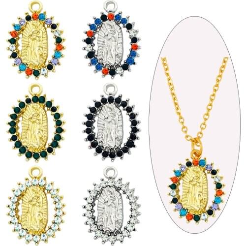 5Pcs 15*21mm Virgin Mary Zinc Alloy Charms Multicolor Rhinestone Oval Shape Geometry Coin Charm For DIY Necklace Accessories