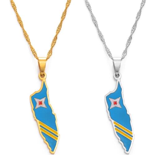 Anniyo Aruba Map & Flag Pendant Necklace Thin Chain Gold Color Jewelry Gifts for Curacao islands #154121
