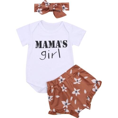 2021 Summer Baby Short-sleeved Romper+Shorts+Bow-knot Headband Mamas Girl Letter Print Summer Clothing Hot Sale
