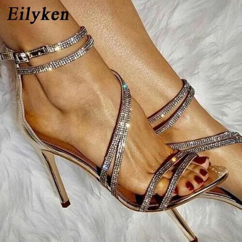 Eilyken 2021 New Gold Bling Crystal Sexy Women Sandals High Heels Gladiator Sandals Wedding Party Woman Zapatos mujer