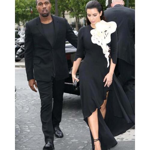 Elegant Black Evening Dresses Ruffles Flower Side Slit High/Low Style Prom Gown Custom Made