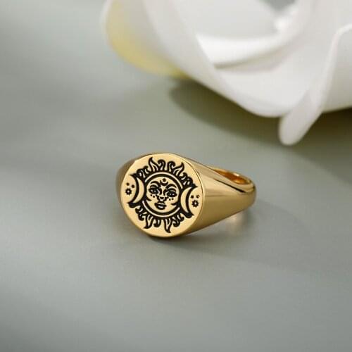 Aesthetic Rings For Women Gothic Stainless Steel Sun Face Punk Finger Ring Friend Vintage Exaggeration Couple Jewelry Gift