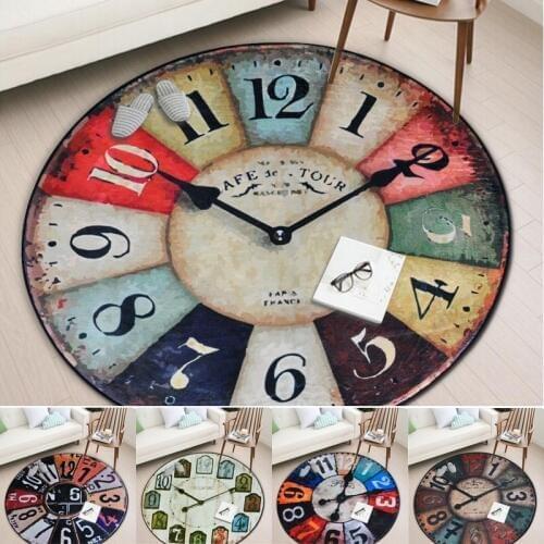 Europe Retro Wall Clock Pattern Round Carpet Kids Living Room Bedroom Non-Slip Floor Mats Computer Chair Coffee Table Carpets
