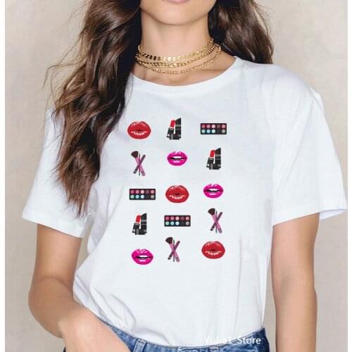 Sexy red lip high heels Lipsticks make up set letters print vogue t shirt women funny graphic tshirt femme hipster streetwear