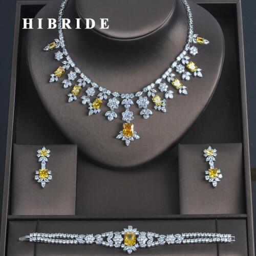 HIBRIDE 3 PCS Luxury Yellow Cubic Zirconia Women Jewelrt Sets Bridal Fashion Jewelry Wedding Party Necklace Set N-335