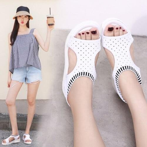 Summer Womens Sandals Shoes Wild Elastic Belt Sports Flip Flops Flats Womens Thick Bottom Fish Mouth Mesh Sandals