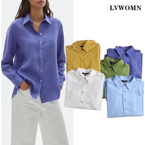 LVWOMN Za Women Blouse Top Summer Linen Women Clothes White Shirt Woman Long Sleeve Casual Shirt Chic 5 Colors Office Loose Tops