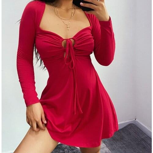 Ladies New Fashion Short Mini Dress Solid Long Sleeve Tie Up V Neck High Waist A-line Dresses Women Fall Spring Casual Party