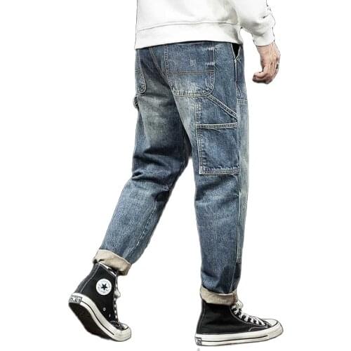 Trend Retro Overalls Baggy Cargo Pants Men Casual Straight Trousers Distressed Jeans Streetwear Plus Size Pocket Clothing