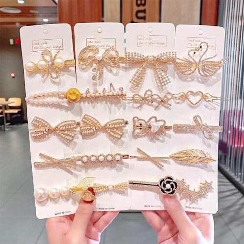 MueRaa 5 pcs/set Pearls Rhinestone Women Girls Bow Hair Clips Hairpins Korean Style Alloy Hair Accessories Geometric Hairgrips