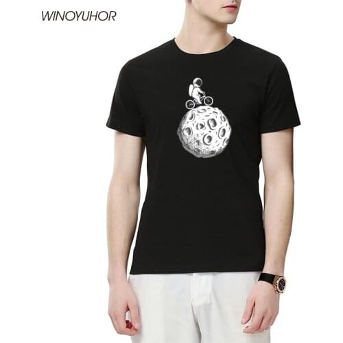 Mens Casual High Quality 100%Cotton Short Sleeve T-Shirt Funny Astronaut Ride Bicycles Print Tshirt Male O-Neck Tee Tops