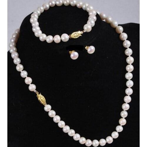 Real Natural 7-8MM White Akoya Cultured Pearl Necklace Bracelet Earring Set