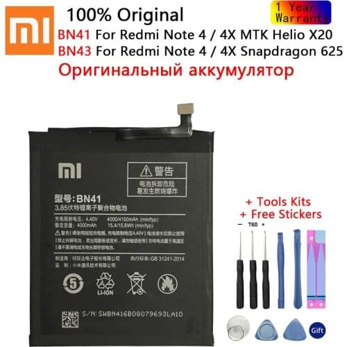 100% Orginal BN43 BN41 battery 4000mAh For Xiaomi Redmi Note 4 / 4X MTK Helio X20 global Snapdragon 625 Battery + Free Tools