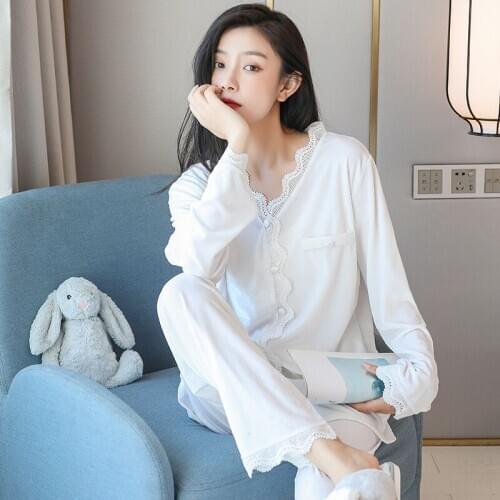 Fdfklak Fall New Elegant Golden Velvet Pajamas Set V-Neck Solid Color 2PCS Lace Sweet Warm Sleepwear Comfort Homewears