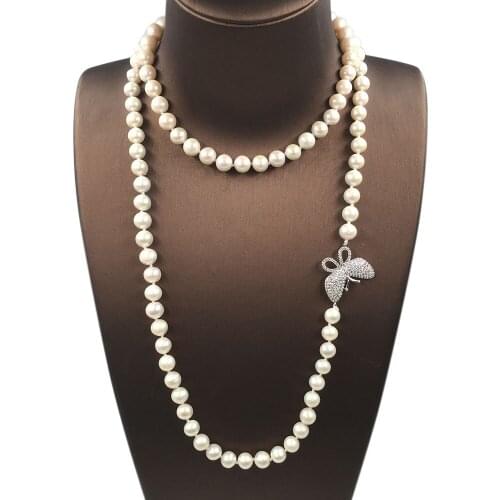 70-120 cm LONG NECKLACE 100% NATURE FRESHWATER ROUND PEARL-Good quality AA+ pearl-Butterfly charm