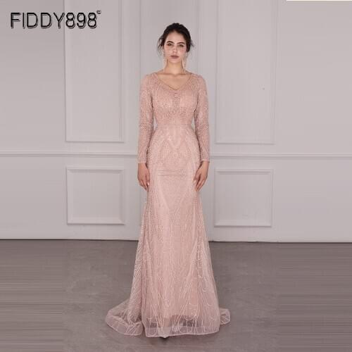 Luxury Crystal Beaded Evening Dress Long Elegant Women Party Gowns With Long Sleeves Formal Wear Sheer Back Robe Soiree Dubai