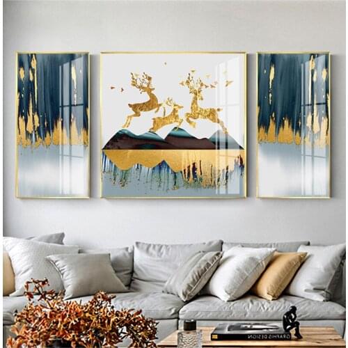 Modern simplicity Abstract style Golden deer and landscape porch Living Room Decoration Canvas Art Poster Tricrystal Paintings