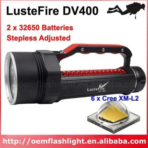 LusteFire DV400 6 x Cree XM-L2 NW 4000K / W 6500K 5000 Lumens Stepless Adjusted LED Diving Flashlight - Black ( 2x32650 )