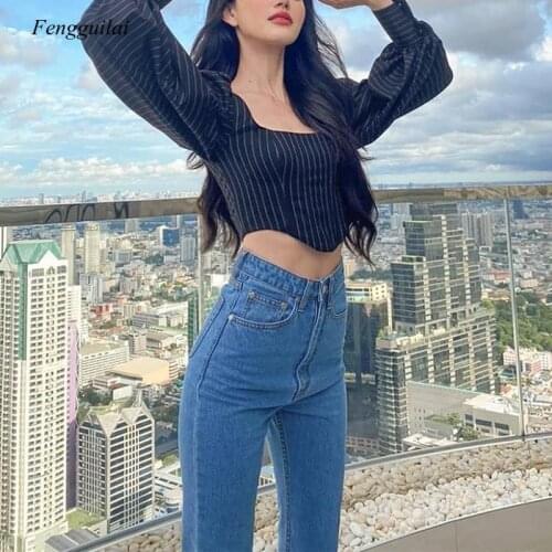 Ins Style Popular Womens Striped Square Neck Irregular Lantern Sleeve Striped T-Shirt