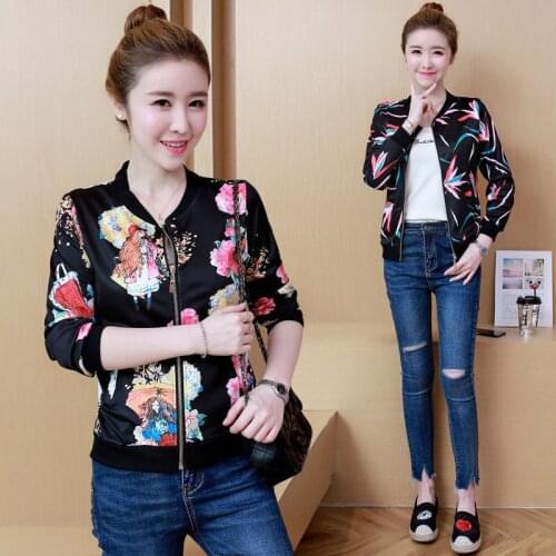 Women Coat Autumn Jacket Women printing Causal Zipper Baseball Bomber Jacket Long Sleeve Outwear Wide-Waisted Coat