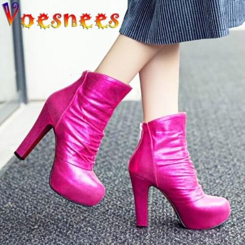 Women Shoes Boots Female 2021 Chunky Heels Concise Platform Plush Spring/Autumn ZIP Ankle Boots for Women Sexy Party Shoes