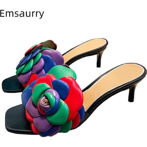 Colorful Genuine Leather Flower Sandals Women Sexy Kitten Heel Slingbacks Open Toe Chic Summer Runway Mules Lady