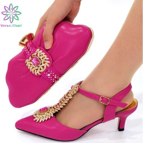 2021 Pretty Women Shoes and Bag to Match in Fuchsia Color Comfortable Heels Autumn New Design Pumps for Wedding Party