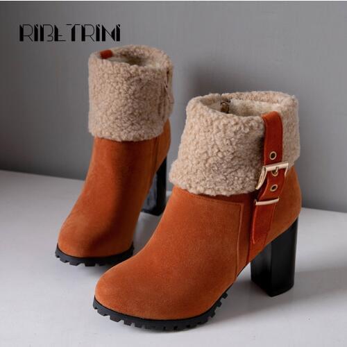RIBETRINI Snow Boots Winter Fur Shoes for Women 2020 Chunky High Heel Boots Round Toe Platform Casual Dress Boots Big Size 44 50