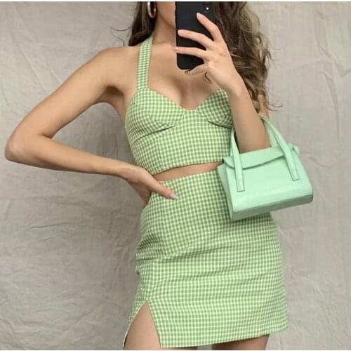 High Waist Sexy Mini A Line Skirt Halter Neck Sleeveless Y2k Crop Tops 2021 Plaid Print Suit Summer Women Green 2 Two Piece Set